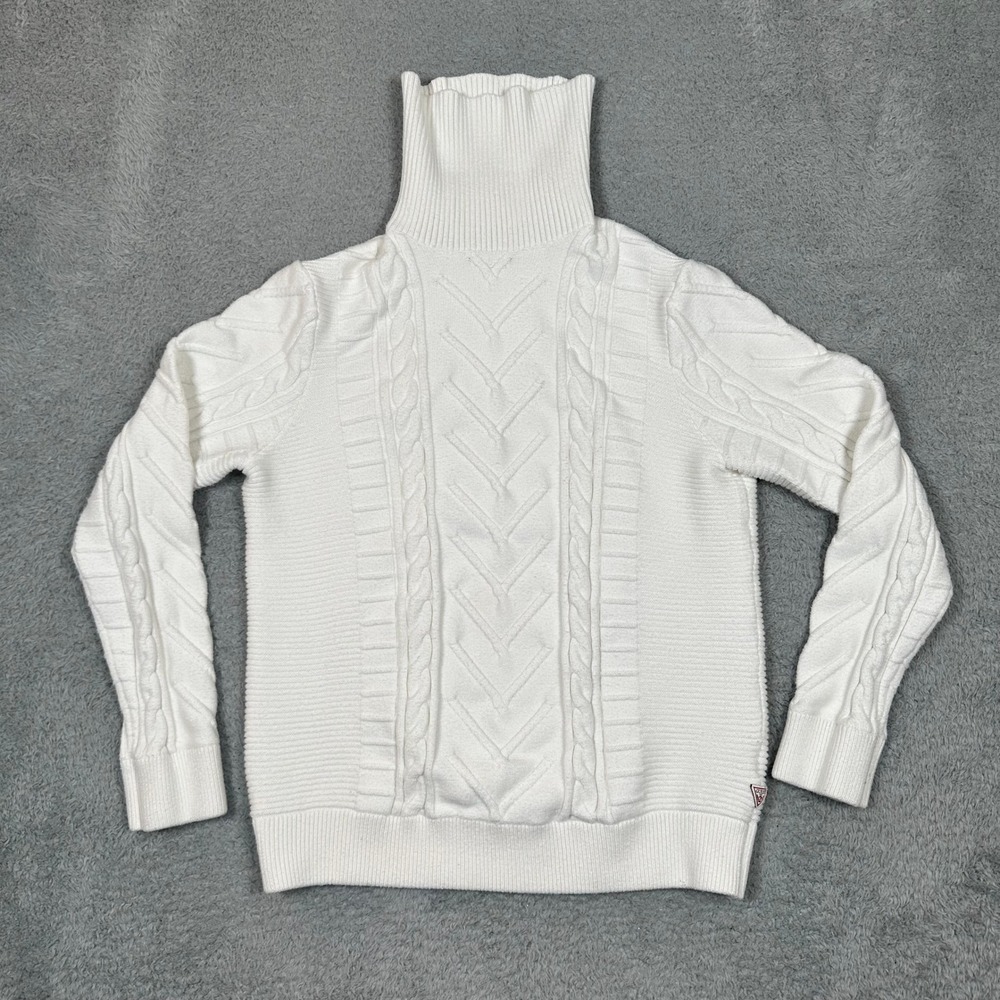 Guess White Cable Knit Turtleneck Sweater Chunky Knit Womens L Cozy Long Sleeve‎